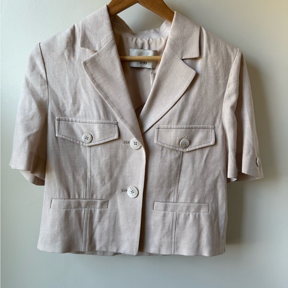 NWT JJ RO Short Sleeve Blazer Jacket neutral Tan Career Office Corporate Boxy M - Picture 1 of 7